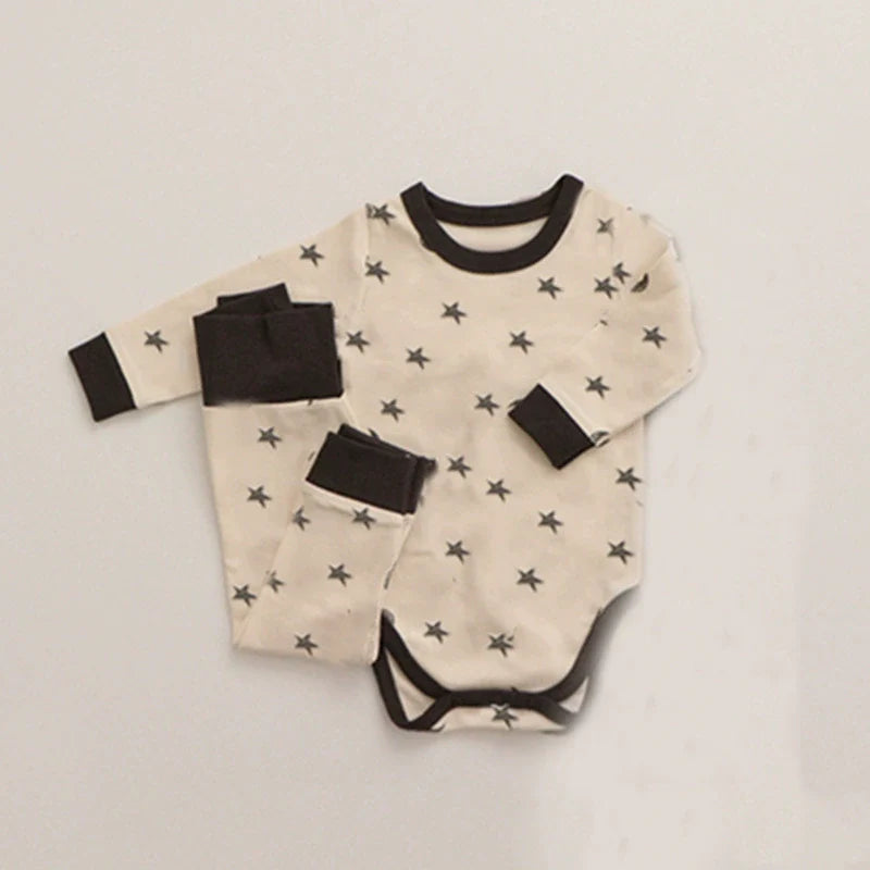 Autumn Arrival Baby Unisex Long Sleeves Star and Moon Pattern Crew Neck Onesies, Pants and Hat Sets-0