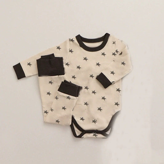 Autumn Arrival Baby Unisex Long Sleeves Star and Moon Pattern Crew Neck Onesies, Pants and Hat Sets-0